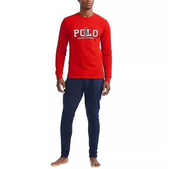 New! POLO RALPH LAUREN Logo Big Men's Waffle Knit Thermal Top Sleep Shirt Red 2X - Picture 4 of 4